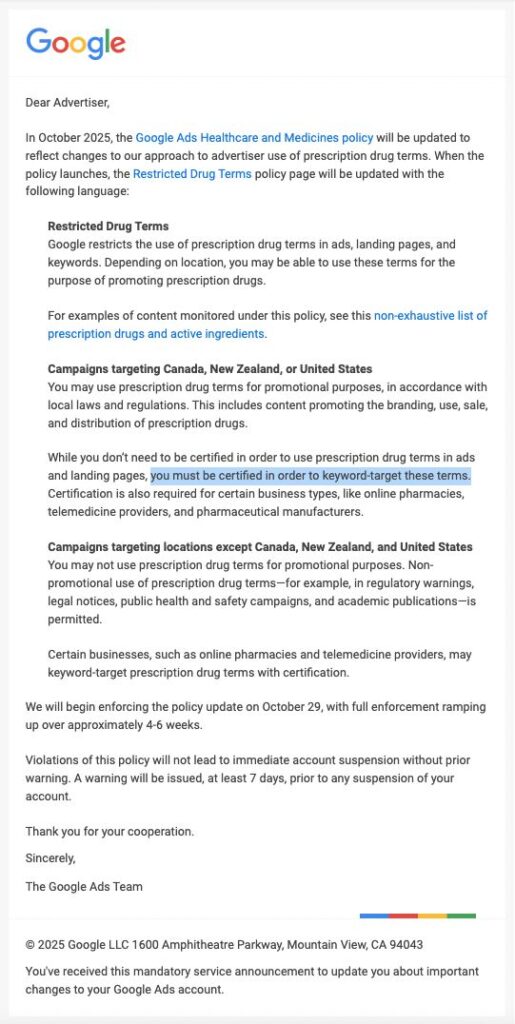 Lead Manager Agency Google Ads loosens prescription drug term restrictions for non-promotional use