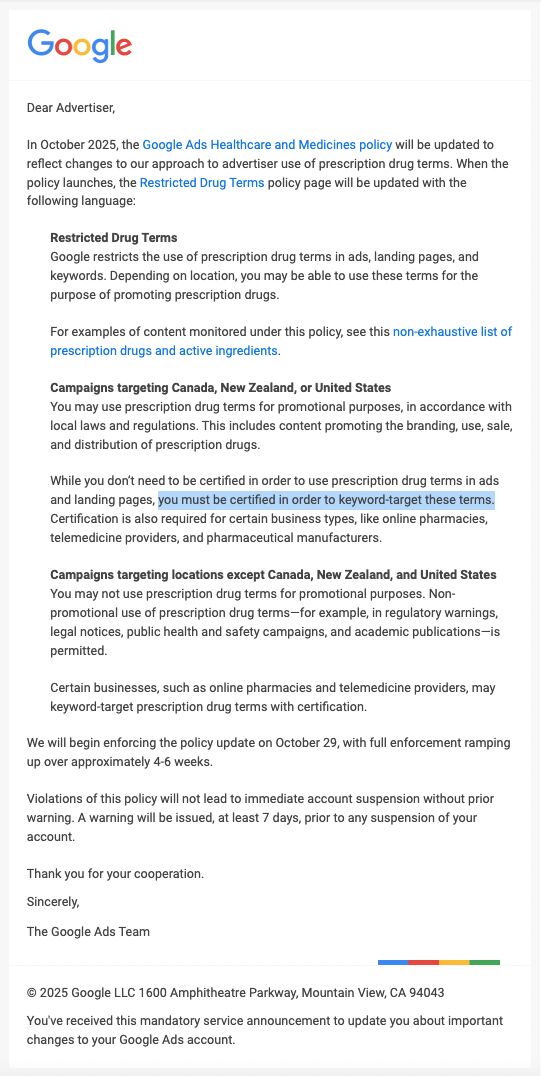Lead Manager Agency Google Ads loosens prescription drug term restrictions for non-promotional use